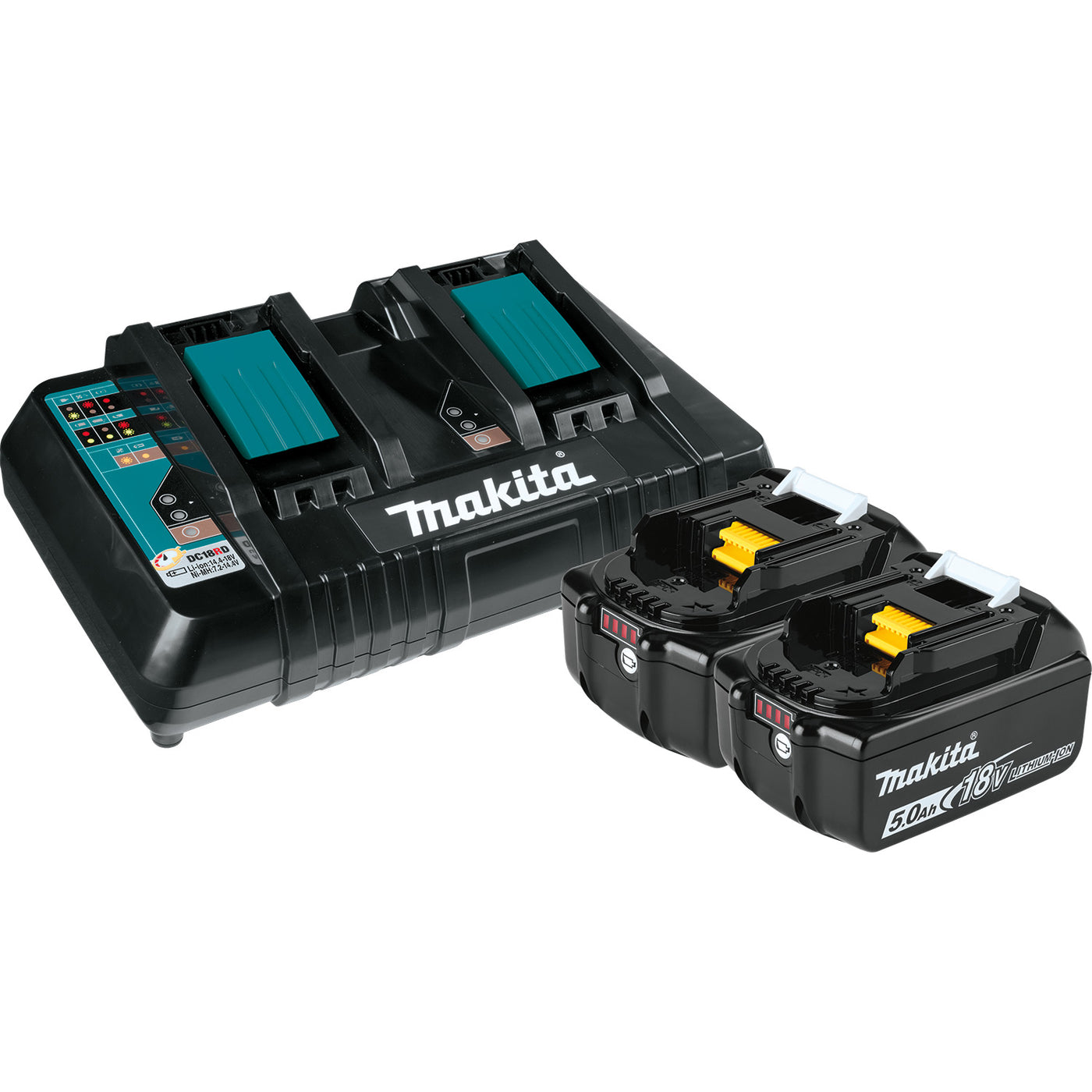 Makita Battery 18V LXT® Lithium-Ion Compact Battery (2 Pack) and Dual Port Rapid Charger Starter Pack (5.0Ah) - theholdroom